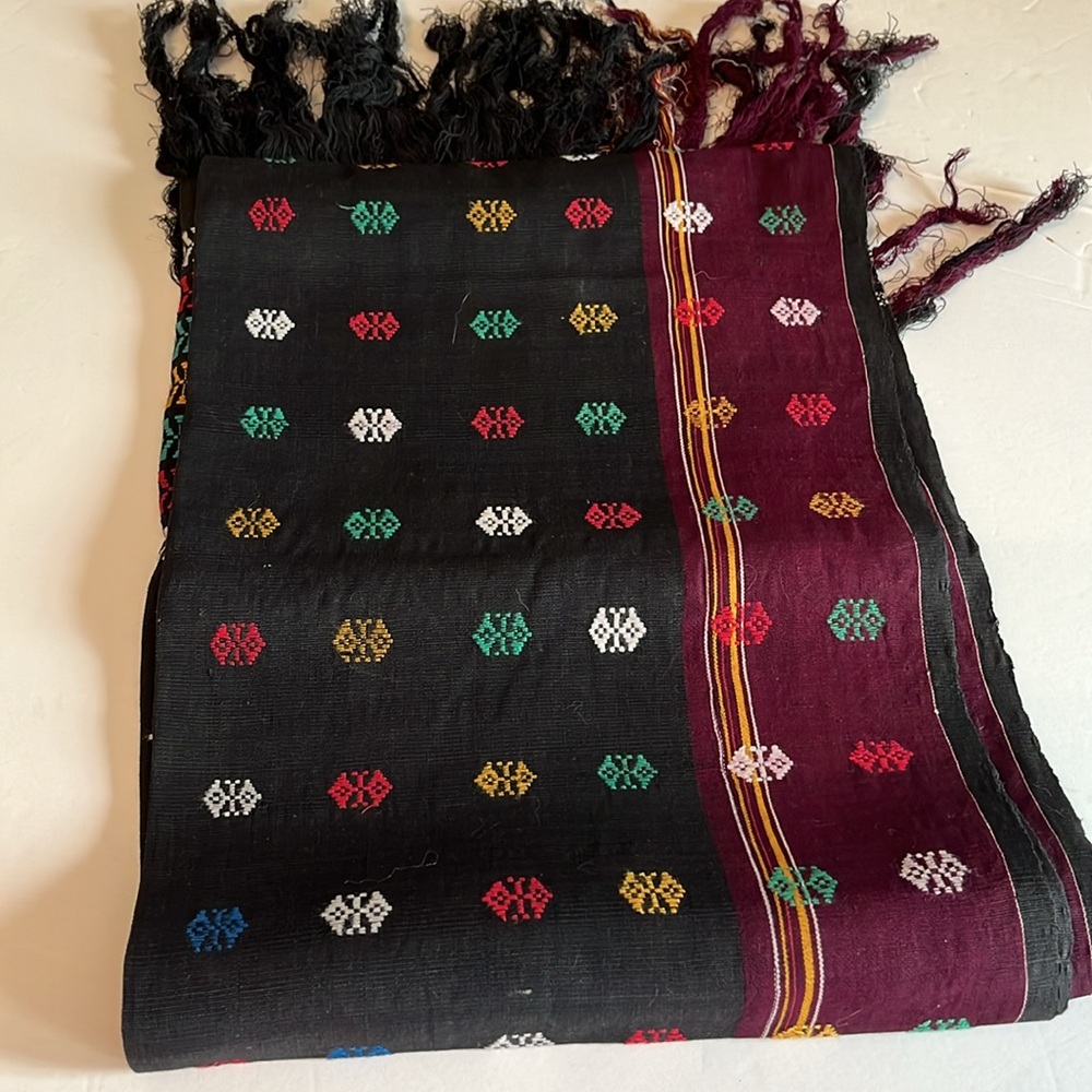 Colorful black with Fringe handmade runner from Indonesia. Size: 2 yards long